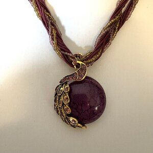 Purple Gold Tone Rhinestone Peacock Pendant Necklace Bohemian Statement Jewelry